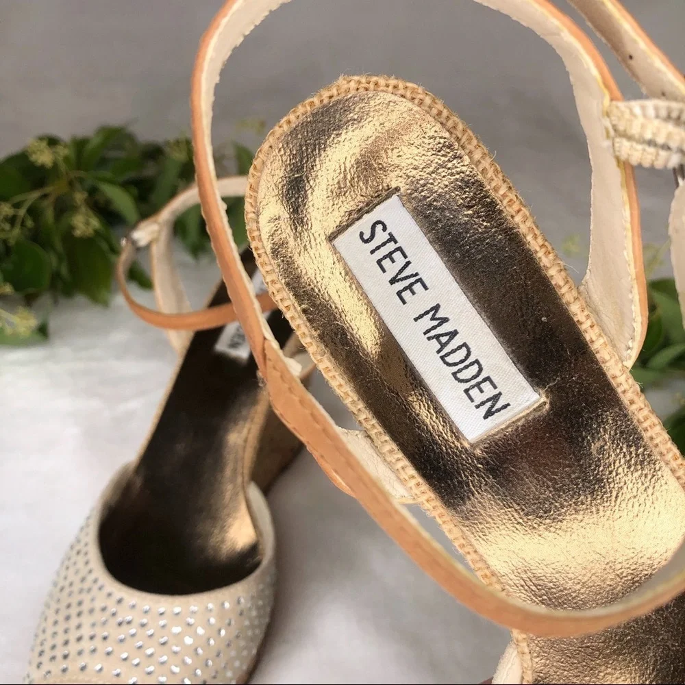 Steve Madden Glitery Rhinestones Suede Leather Cork Peep Toe Wedge Heels 6.5M